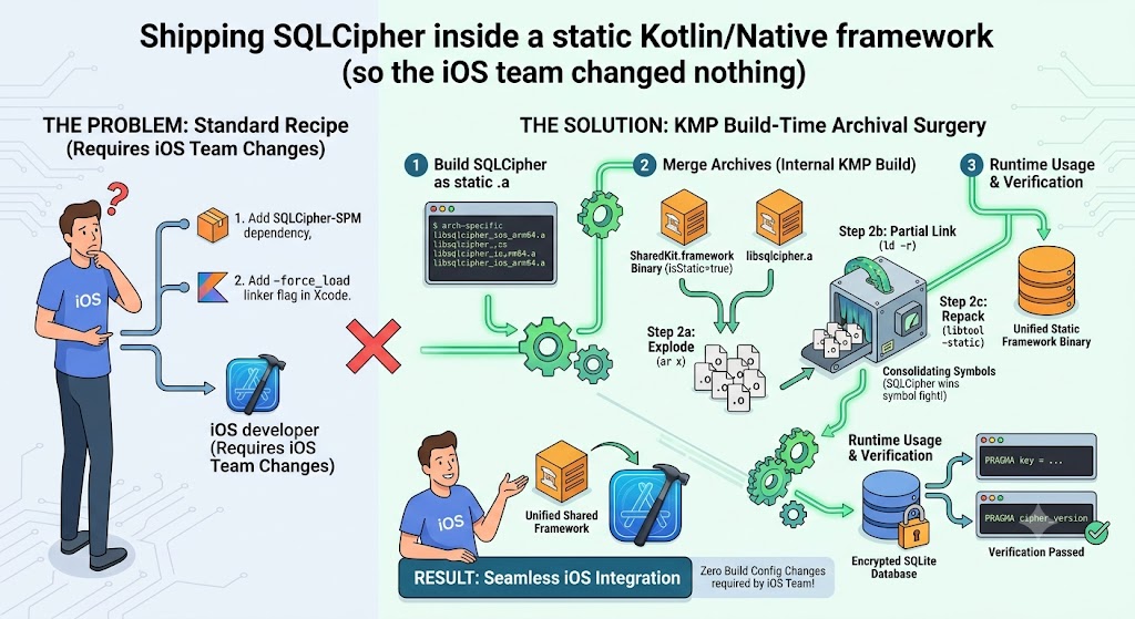Shipping SQLCipher inside a static Kotlin/Native framework (so the iOS team changed nothing)